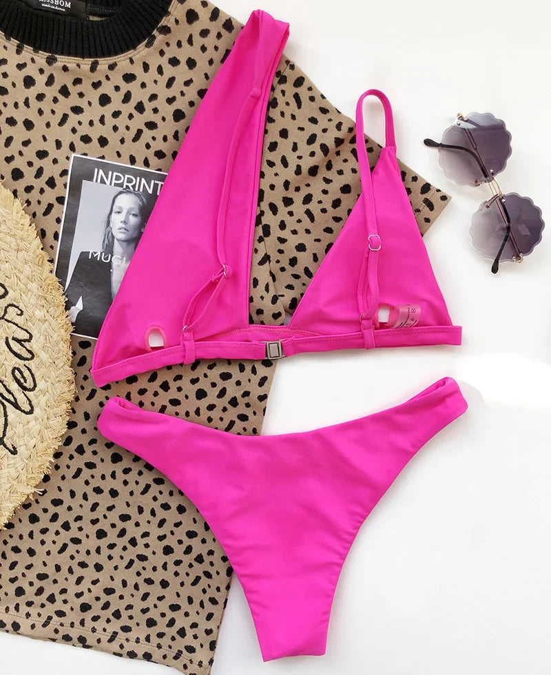 2026 Asymmetric One Shoulder Bikini Women Swimsuit Female Swimwear Two Pieces Bikini Set Hollow Out Bathing Suit Swim Beach Wear