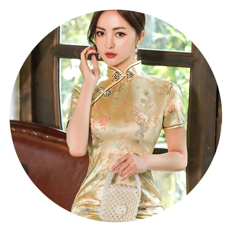 Large Size Sexy Slim Long Qipao Dress Women Retro Elegant Cheongsam Short Sleeve Brocade Dragons and Phoenixes Clothes Vestidos