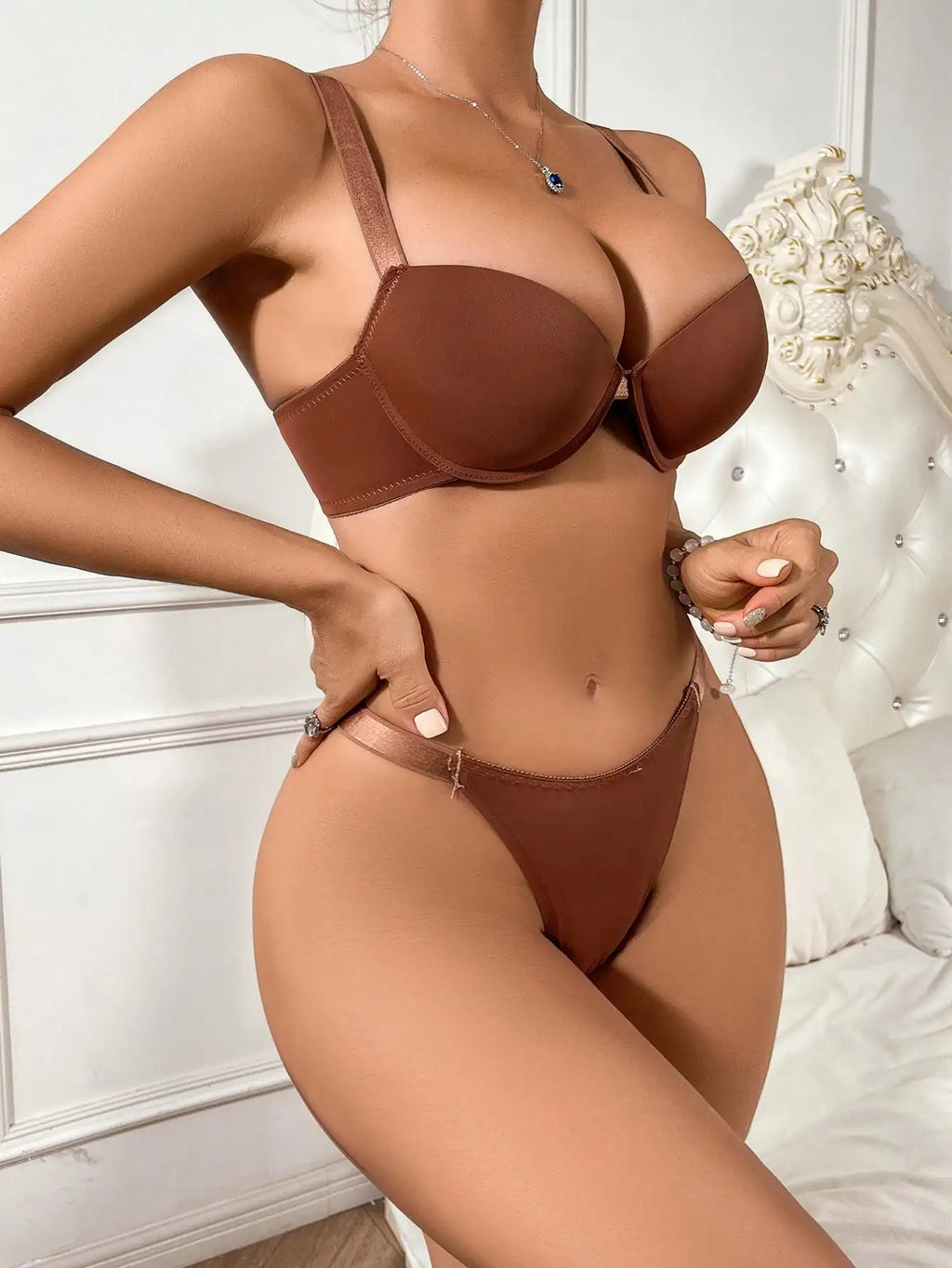 Best Selling Sexy  Underwire Two Piece Push Up Push Up Bras lingerie Set For Women BROWN B2051