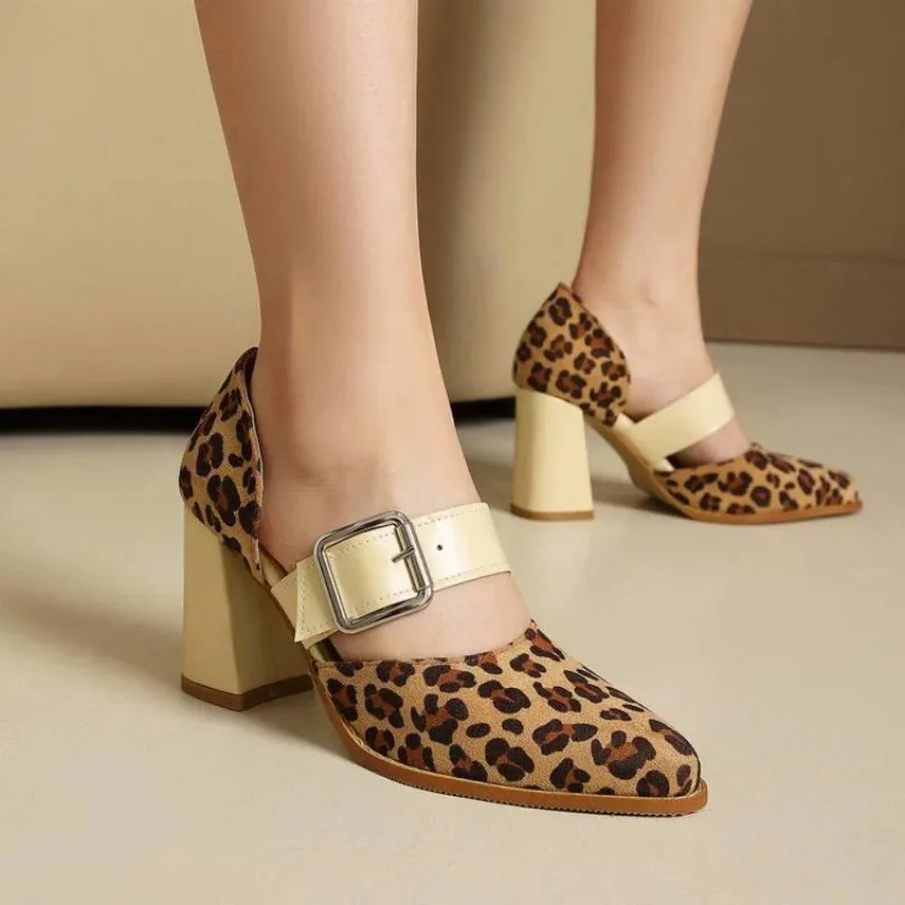 Spring  Autumn New Model Fashion High Heels Nude Shoes Color Blocking Pointed Tip Buckle Leopard Print Sexy Party Women's Shoes