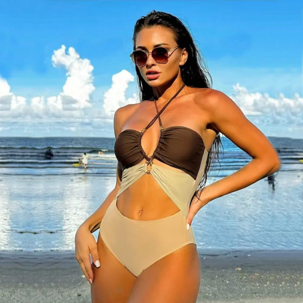 Cut Out One Piece Swimsuit with Skirt 2025 Women Hollowen Swimwear Monokini Patchwork Bodysuit Female Bathing Suit Beach Wear