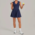Summer Women Solid Tennis Dresses Sleeveless Turn Down Collar Pleated Skirts with Detachable Pocket Shorts Slim Yoga Golf Dress