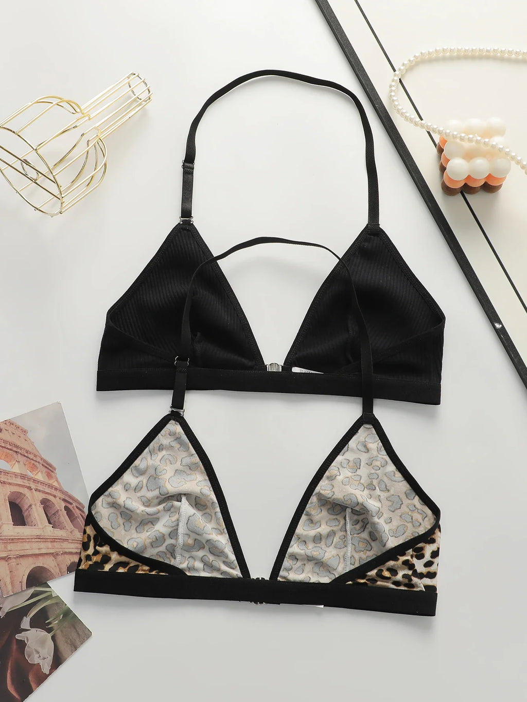 Leopard print black 2-piece set without steel rim or chest cushion women underwear with sexy straps girls' bra Lingerie MR3475