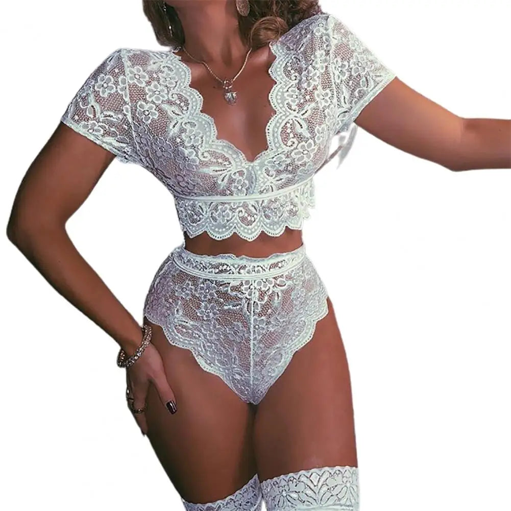 2pcs/set Women Sleepwear Set Underwear Lace Crochet Stitching Nightwear For Daily Wear