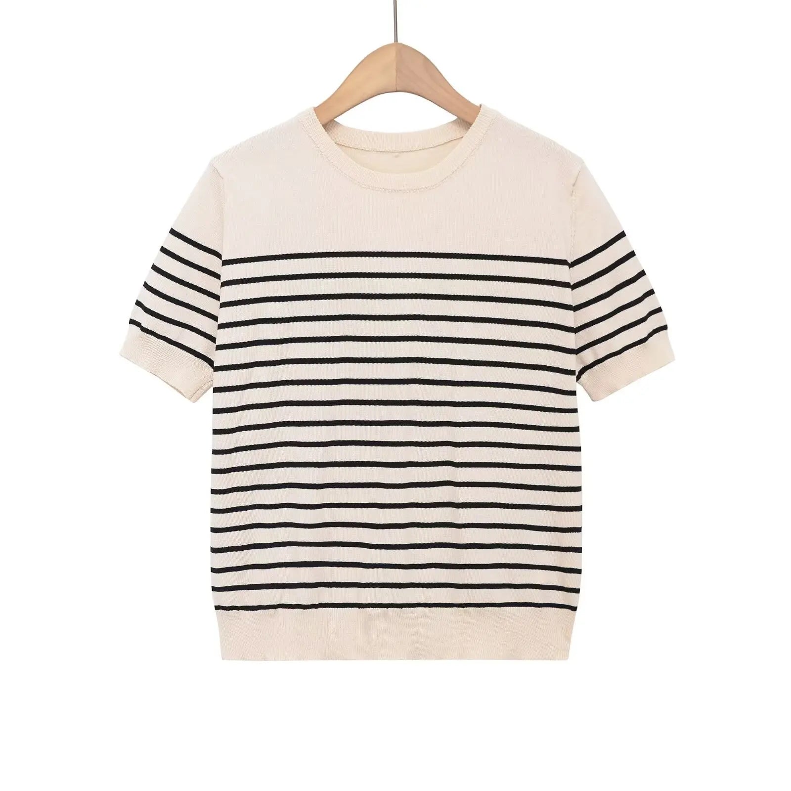 Fashion Striped Knit Sweater Black Striped Knit T Shirt Casual Short Sleeve Crew Neck Slim Fit Top For Women Summer Daily 0HAD
