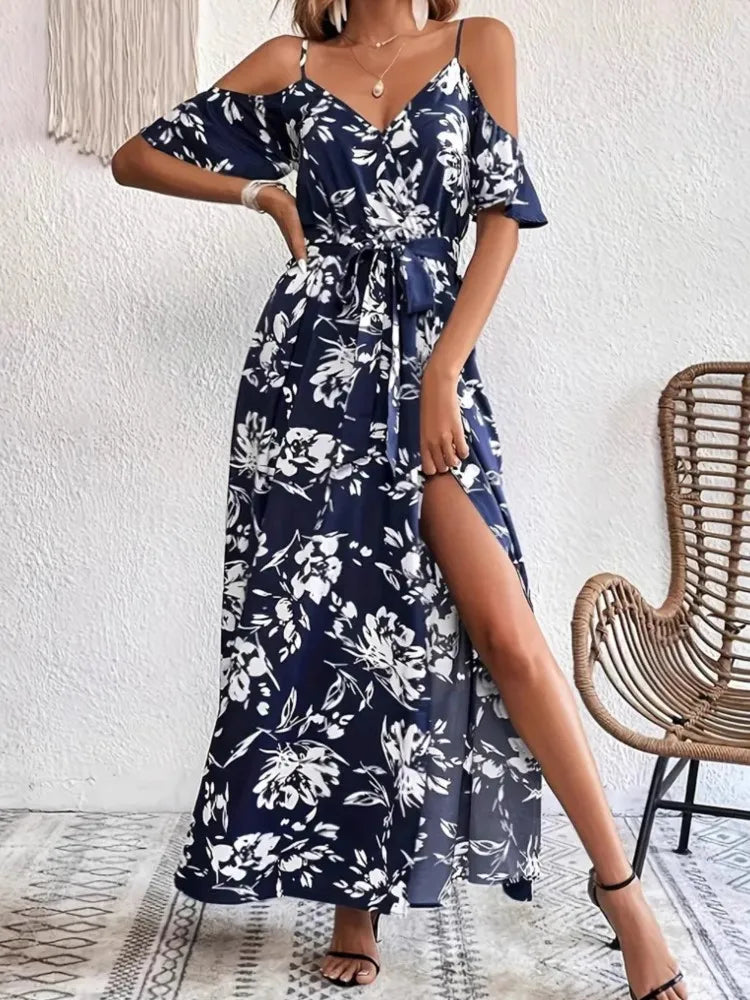 New Summer Women Print Dress 2025 Fashion Elegant  Vacation Party Short Sleeve Slim V-neck Slit Long Dresses Vestidos Para Mujer