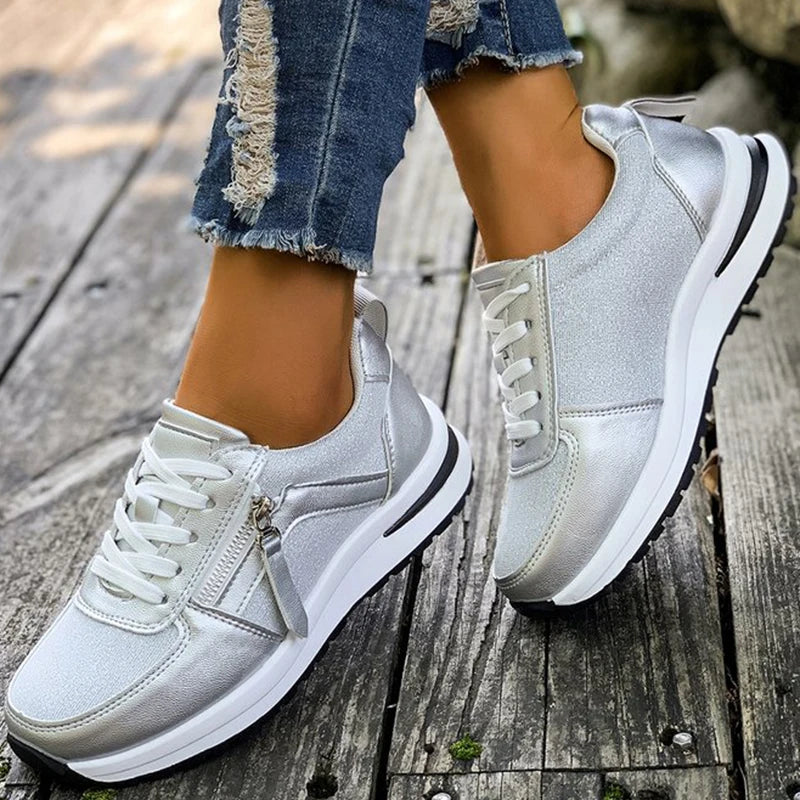 Casual Lace-Up Platform Sneakers for Women Autumn 2025 Solid Plus Size Shoes Woman Non-Slip Zip Female Sports Shoes