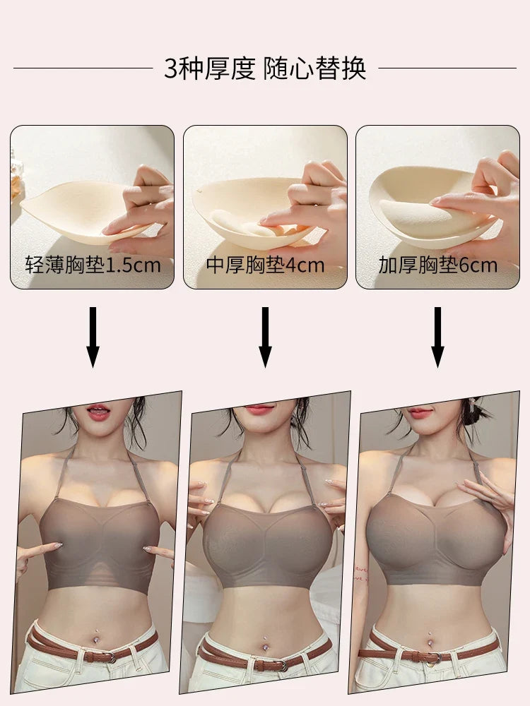MOYISU Low Back Bra Small Chest -Thickened Pads Convertible Straps Seamless Enhancer for Dresses Elegant Exposed Shoulder Design