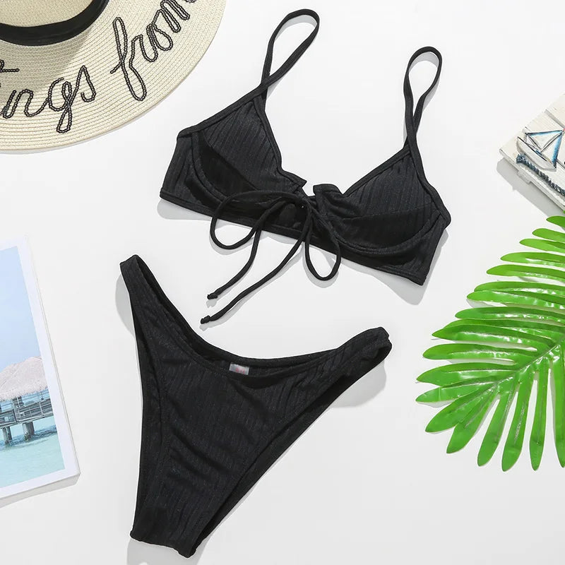 Sexy Ribbed Underwired V-Bar Bikini Women Swimsuit Female Swimwear Two Pieces Bikini Set Knotted Push Up Bathing Suit Swim Lady