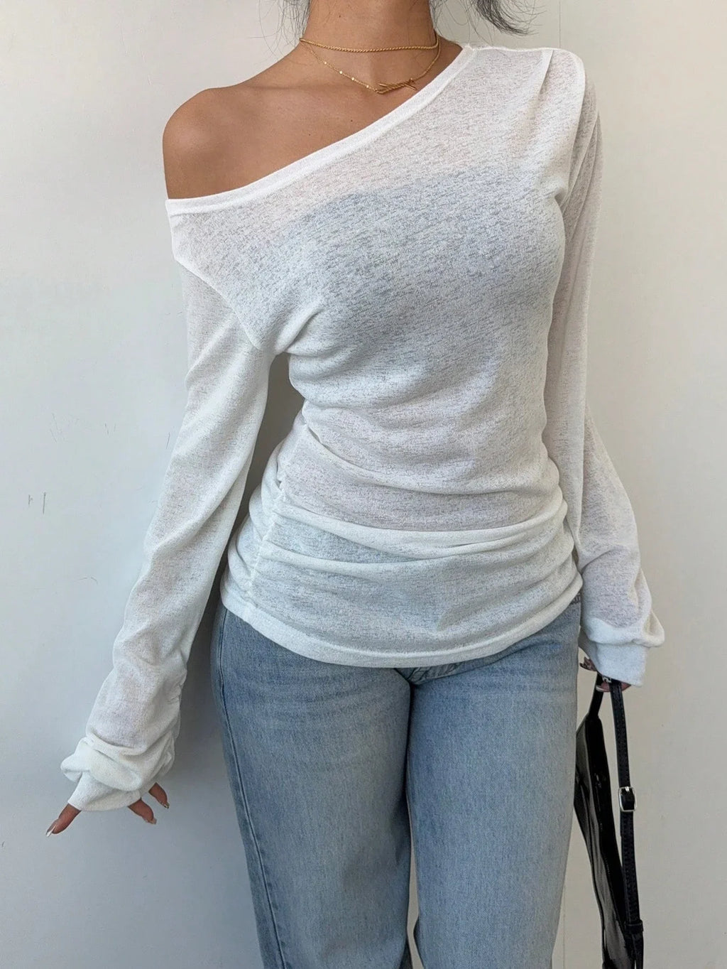 Women's Casual Solid Color Slope Collar Long Sleeved T-Shirt Loose Slouchy Style See-Through Off The Shoulder Top