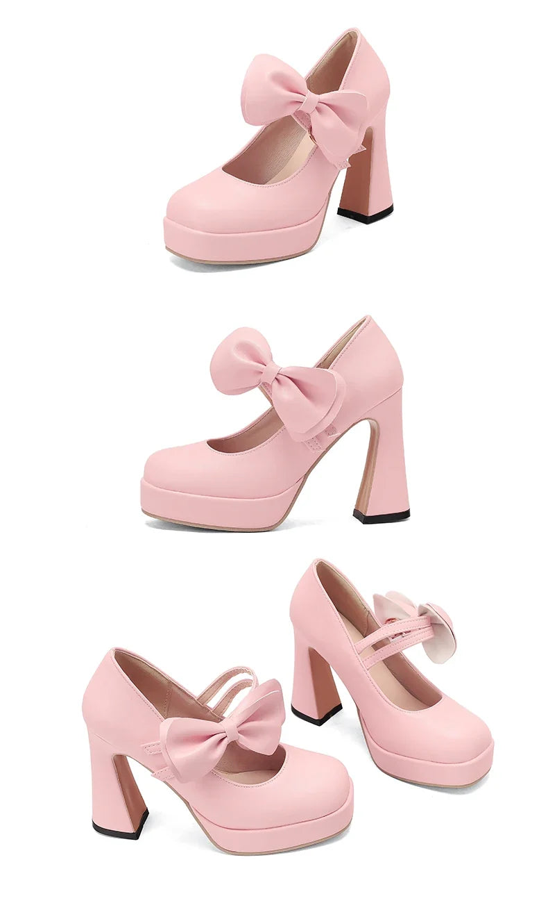 Plus Size Women's Bow Mary Janes Platform Chunky Heels Ankle Strap High Heel Pumps Sweet Lolita Party Dress Shoes
