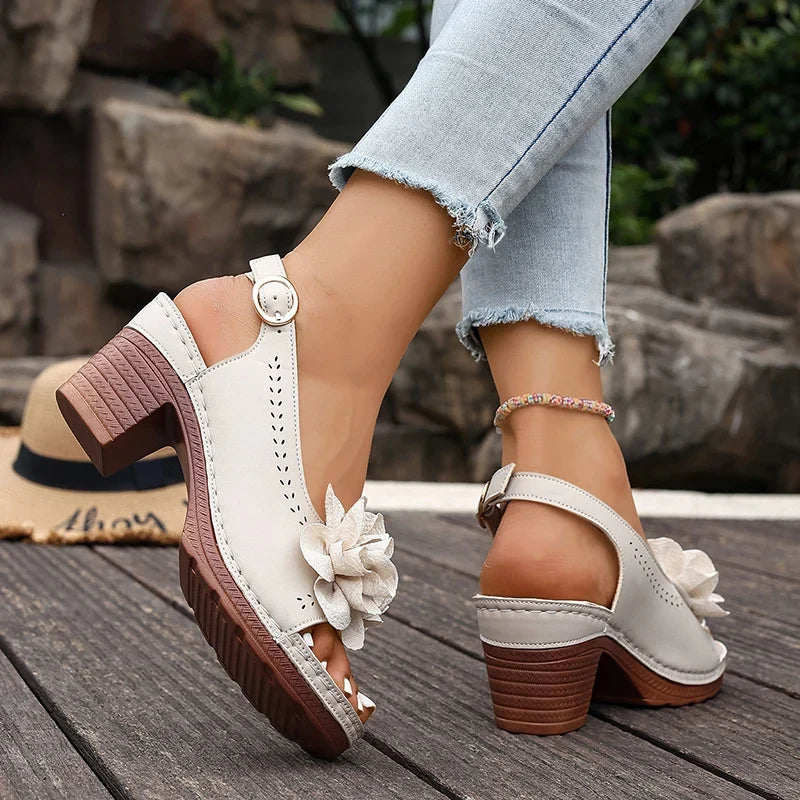 Summer Flower Decor Thick Heeled Sandals Women Plus Size 43 Lightweight High Heel Sandals Woman Back Strap Peep Toe Sandles 2026
