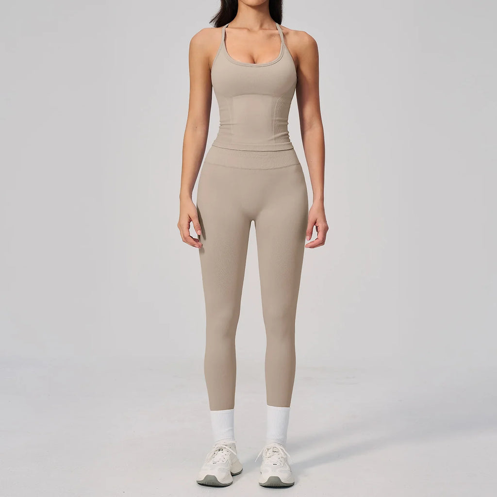 Summer Seamless Yoga Sets Women Outdoor Slimming Sports Tank Top High Waist Hip Lifting Leggings Gym Fitness Suits Tracksuit