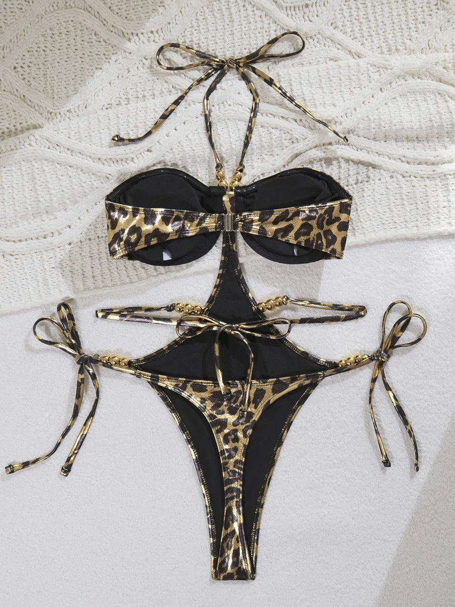 Golden Leopard Halter Underwired One Piece Swimsuit Women Swimwear Female Backless Monokini High Cut Bathing Suit Swim Bodysuit