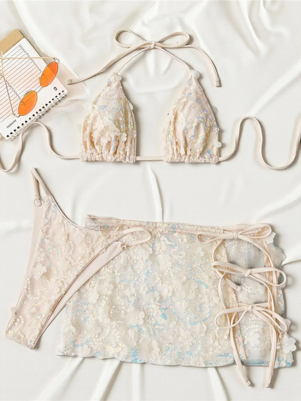 S - XL Three-pieces Bikini set With Skirt Flowers Sequins Bikini Female Swimsuit Women Swimwear Bather Bathing Suit Swim V7864