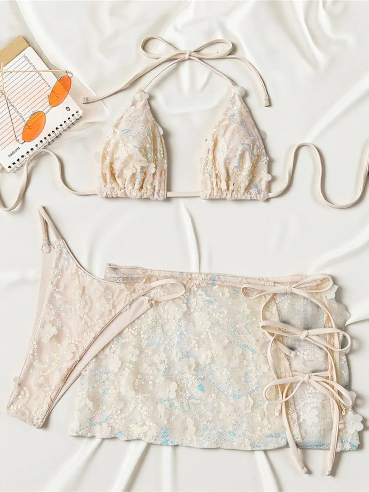 S - XL Three-pieces Bikini set With Skirt Flowers Sequins Bikini Female Swimsuit Women Swimwear Bather Bathing Suit Swim V7864