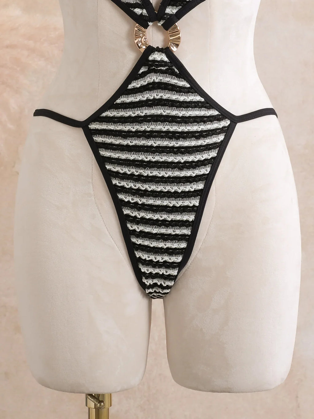 Sexy Black Stripe Knitted One Piece Swimwear Skirts Sets 2026 Women Metal Circle Hollow Out Backless Bathing Suit Thong Swimsuit