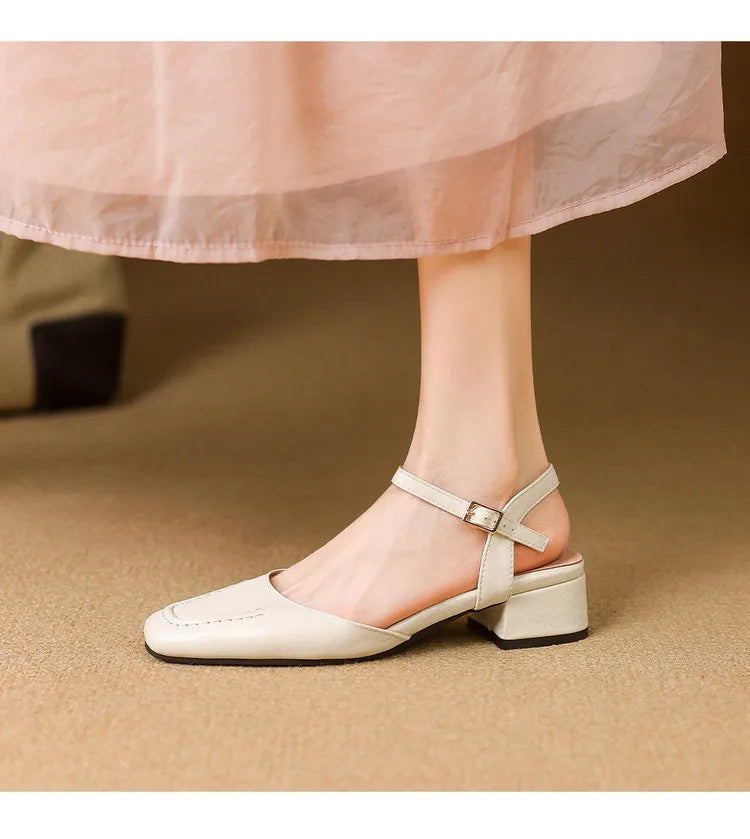 Plus Size 34-41 Women's Sheepskin Narrow Band T-strap Square Toe Summer Sandals 3.5cm Thick Low Heel Elegant Ladies Dress Shoes