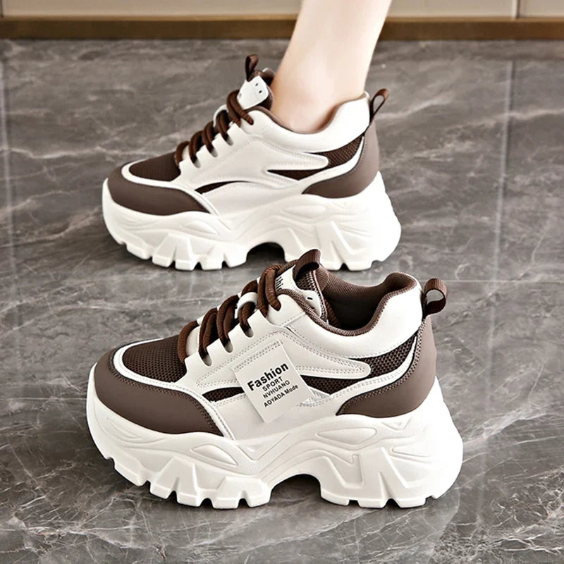 Fashion Lace Up Chunky Sneakers for Women Comfort Breathable Platform Sports Shoes Woman Pu Leather Thick Bottom Running Shoes