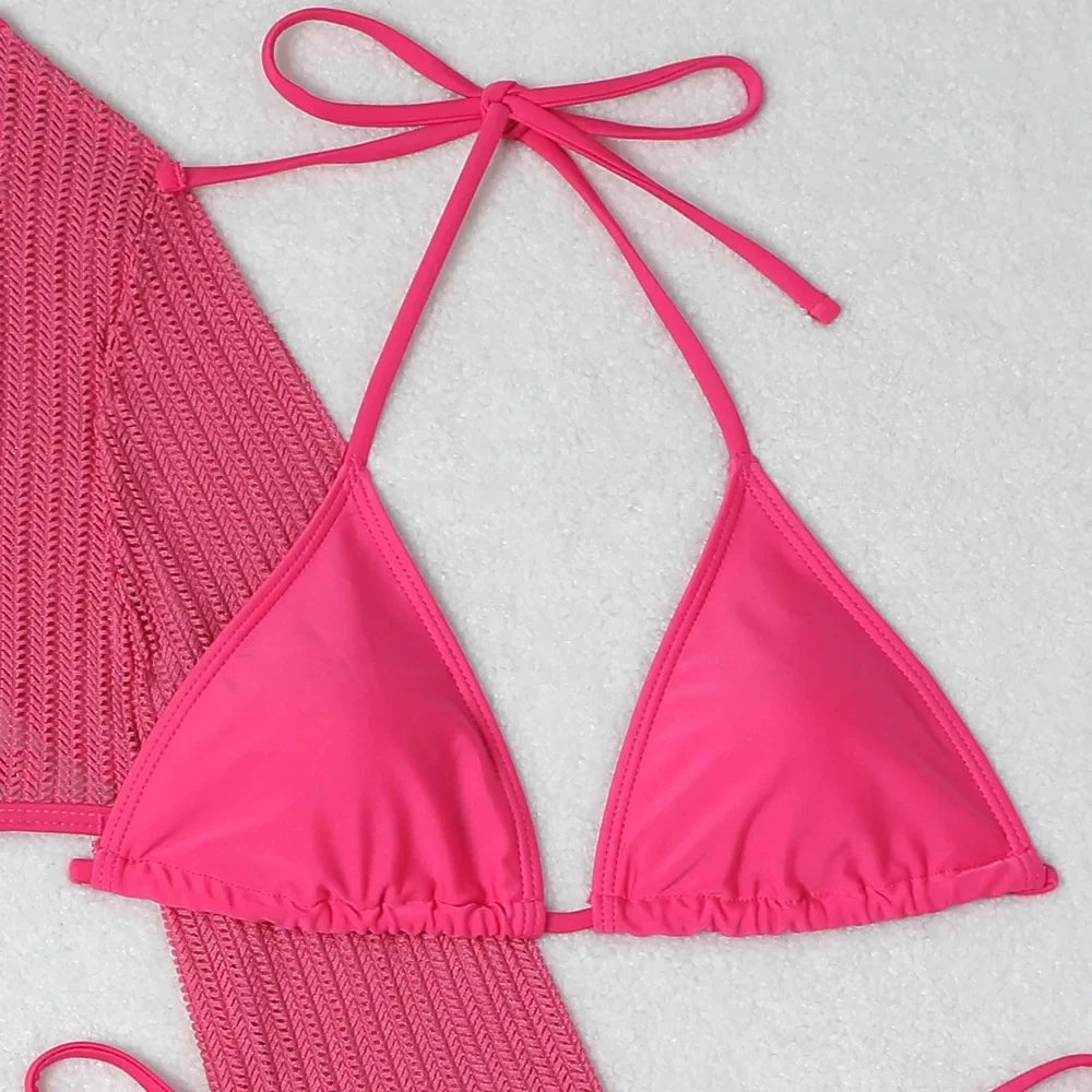 Women micro mini halter bikinis sets 3pcs with knitted long sleeve hollow out mini dress swimsuit bathing suit beach outfits