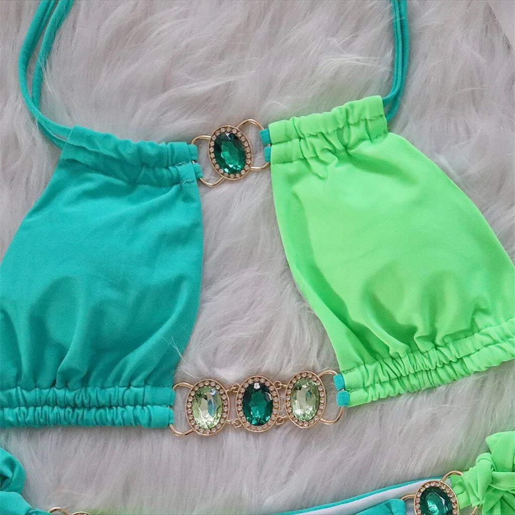8 Colors Diamond Rhinestones Splicing Bikini Women Swimwear Female Swimsuit Two-Pieces Bikini Set Bather Bathing Suit Swim V5132
