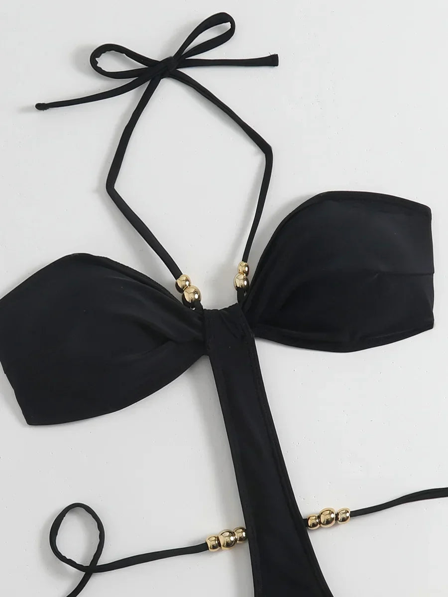 Extreme String Mini Micro Thong Women Swimwear One Piece Swimsuit Female Metal Beads Monokini Halter Bathing Suit Swim Bodysuit
