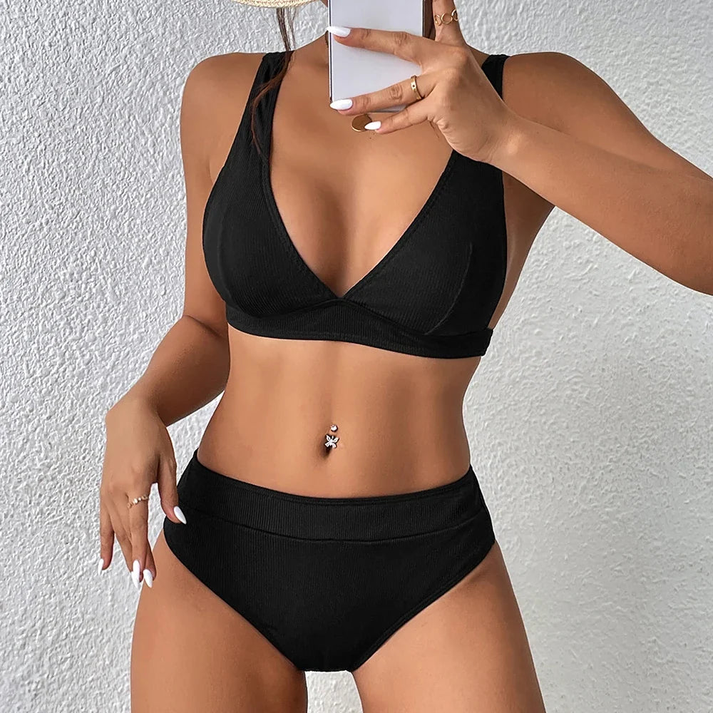 Summer new style small pit strip pure color bikini two-piece set sexy beach vacation women's swimsuit