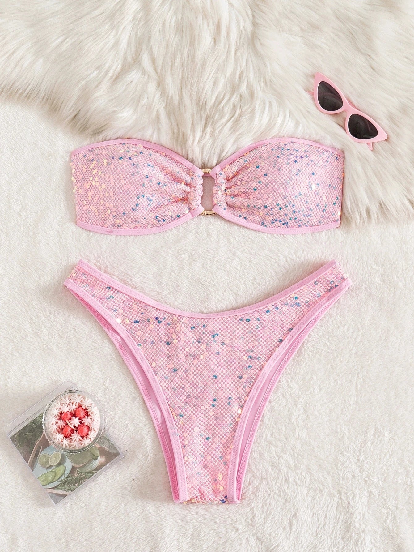 DEKA Gold Shiny Bandeau Bikini Set 2025 Women Sequin Front Ring Push Up Micro Swimsuit Summer Bathing Suit Thong Swimwear Biquin