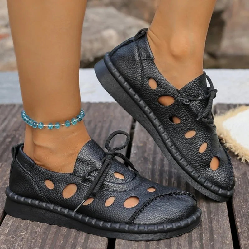 2026 Summer New Hollow-Out Lace-Up Sandals Women Flat Slip-Resistant Leather Bohemian Handmade Casual Shoes with Thick Sole