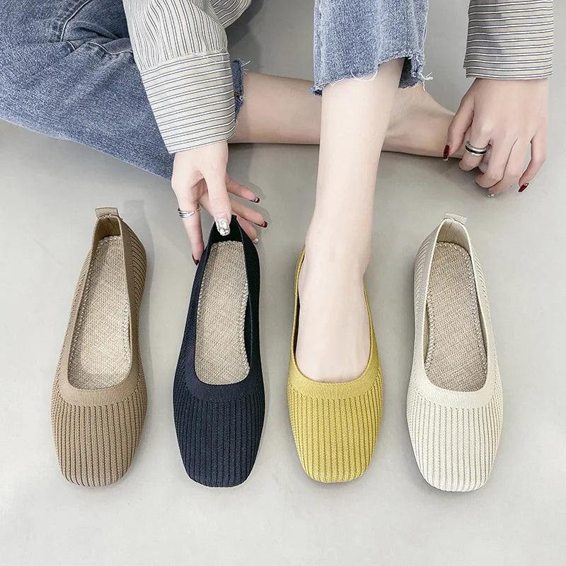 Women Leisure Flats Summer Autumn Flat Shoes Breathable Knitted Square Toe Slip-on Female Daily Walking Driving Loafers