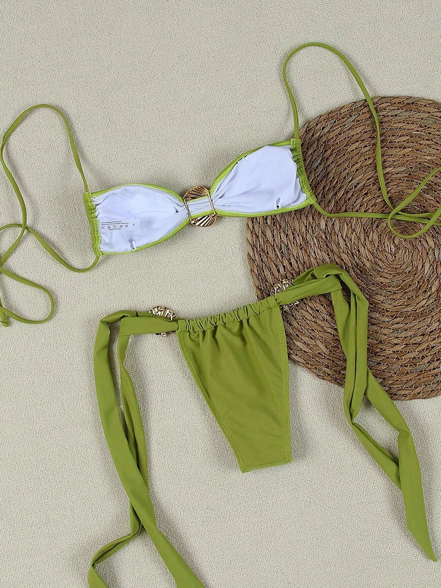 Metal Shell Halter Strappy High Cut Bikini Female Swimsuit Women Swimwear Two-pieces Bikini Set Bather Bathing Suit Swim Lady
