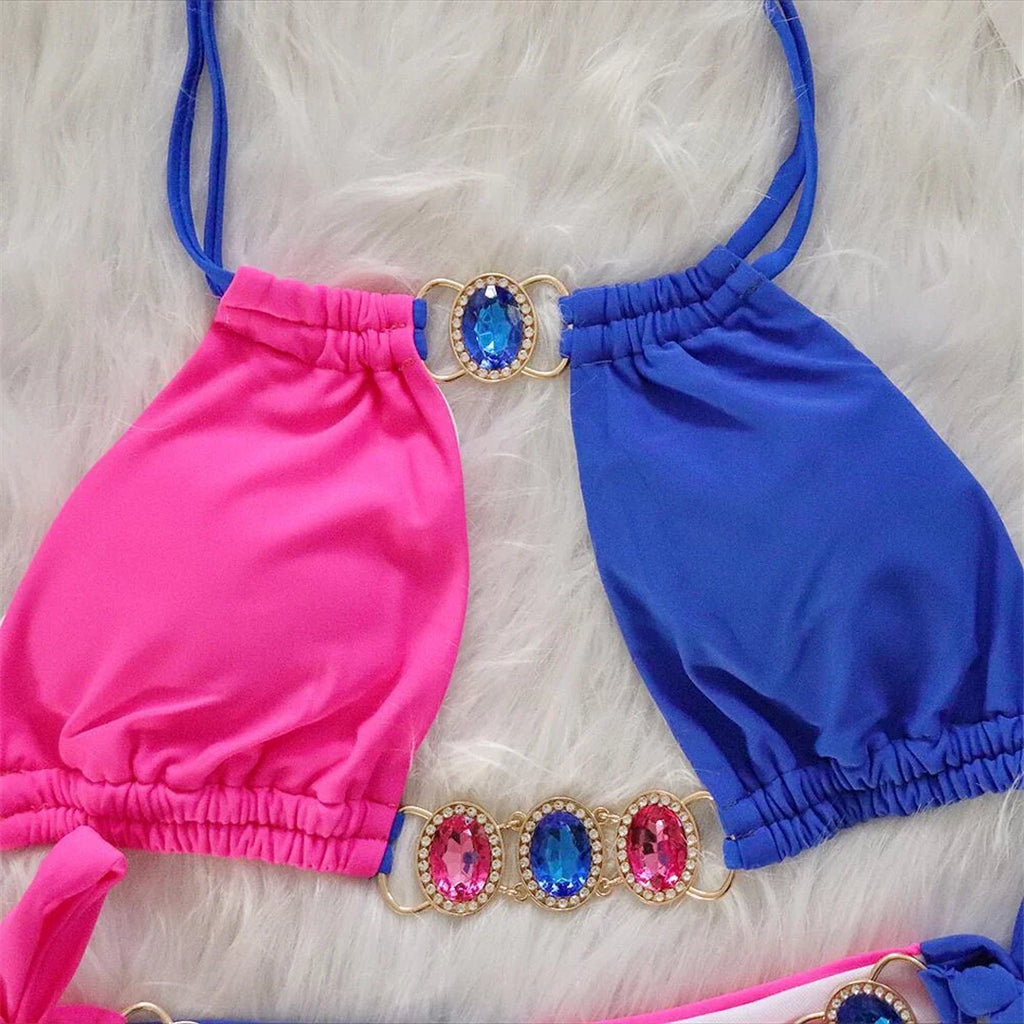 8 Colors Diamond Rhinestones Splicing Bikini Women Swimwear Female Swimsuit Two-Pieces Bikini Set Bather Bathing Suit Swim V5132