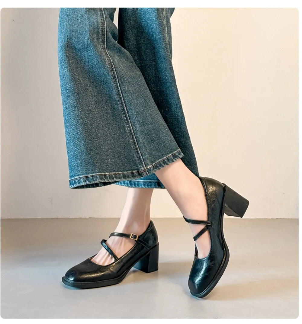 6cm Heel Genuine Cowhide Women's Single Shoes French Mary Janes Soft Leather Round Toe Summer Girls Princess Dress Shoes Brown