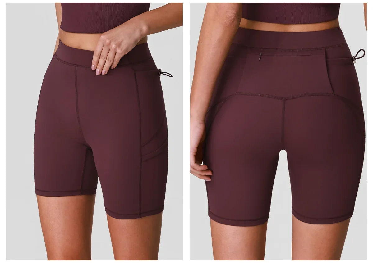 Naked High Waisted Yoga Shorts Women Quick Drying Side Pocket Cycling Pants Outdoor Abdominal and Hip Lifting Sports Shorts