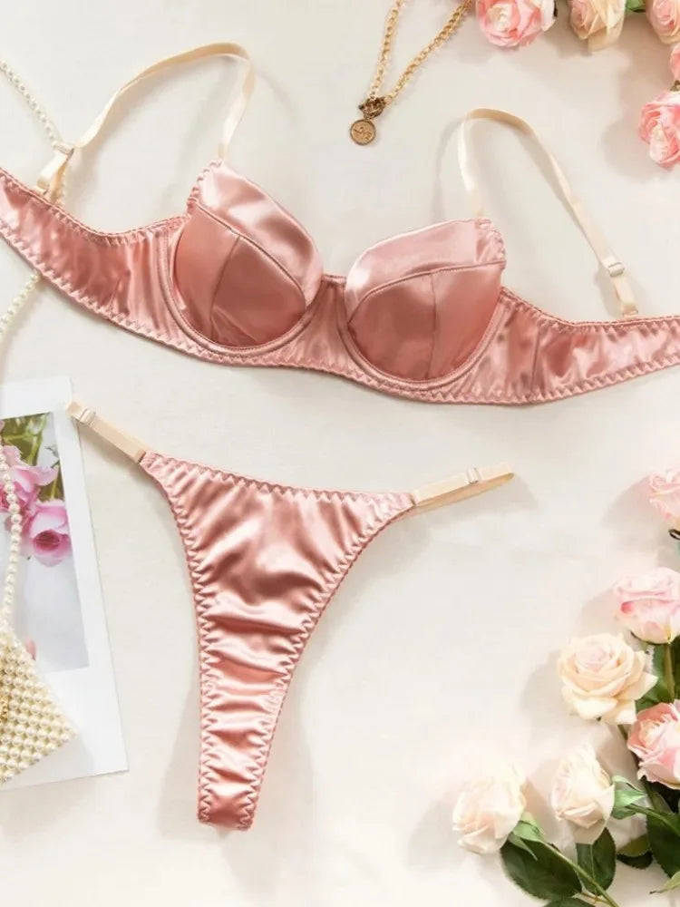 Seamless 2 Pieces Sexy Bra Set Women Satin Lingerie Underwear Patchwork Bras and Thongs Suits Attractive Bilizna Intimate Set