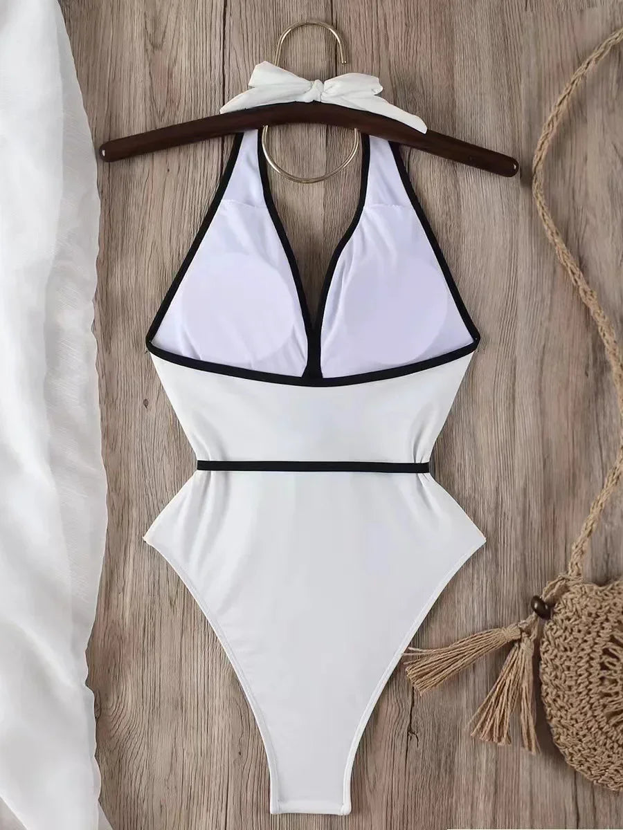 3D Flower Belt V Neck Splicing Halter Slim Women Swimwear One Piece Swimsuit Female Backless Monokini Bather Bathing Suit Swim