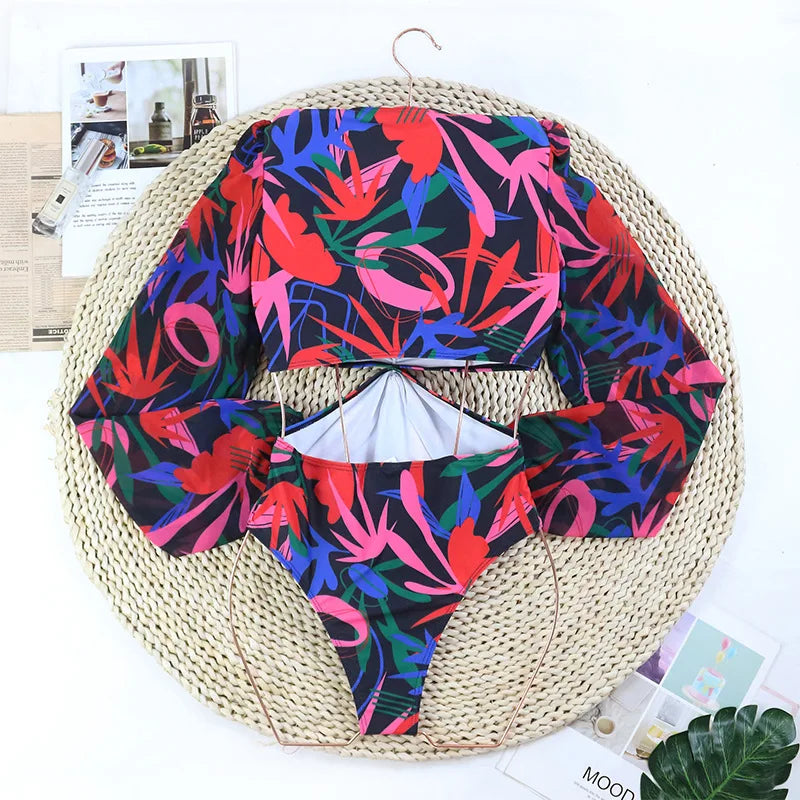 One Piece Swimsuit Sexy Long Sleeve Tropical Print Swimwear Women Bandage Monokini Hollow Out Bathing Suit String Beachwear 2023