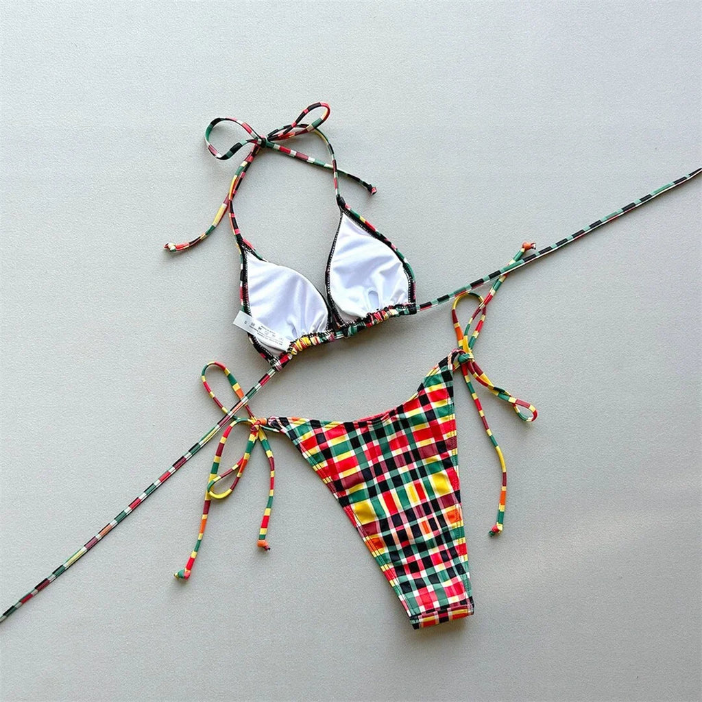 Sexy Plaid Halter Bikini Female Swimsuit Women Swimwear Two-pieces Bikini set High Leg Cut Padded Bather Bathing Suit Swim V7930