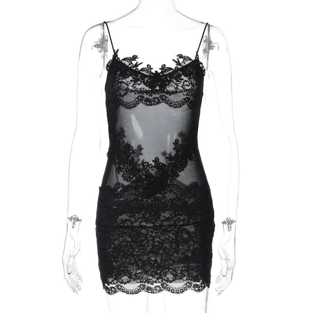 FDYOUI Spaghetti Strap See-through Mesh Dress Women Sleeveless Lace Patchwork Mini Party Dresses White Black Night Club Outfit