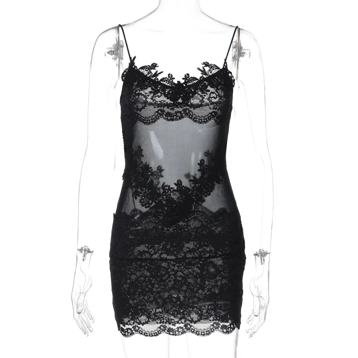 FDYOUI Spaghetti Strap See-through Mesh Dress Women Sleeveless Lace Patchwork Mini Party Dresses White Black Night Club Outfit