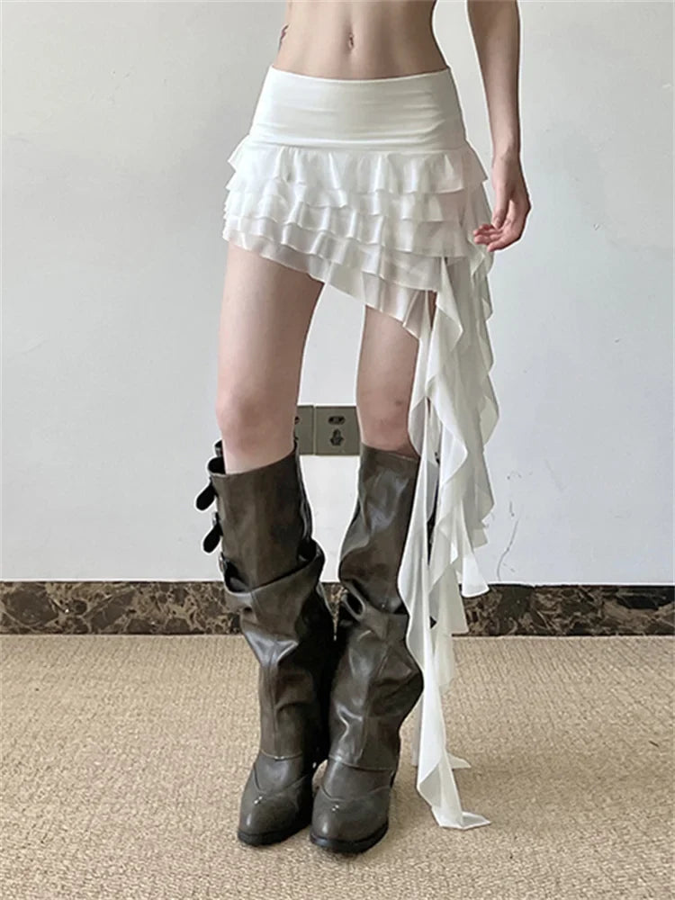 Women's Summer Mini Skirt Long Tassel Design Casual Solid Multi-Layered Ruffles Low Rise Short Skirts