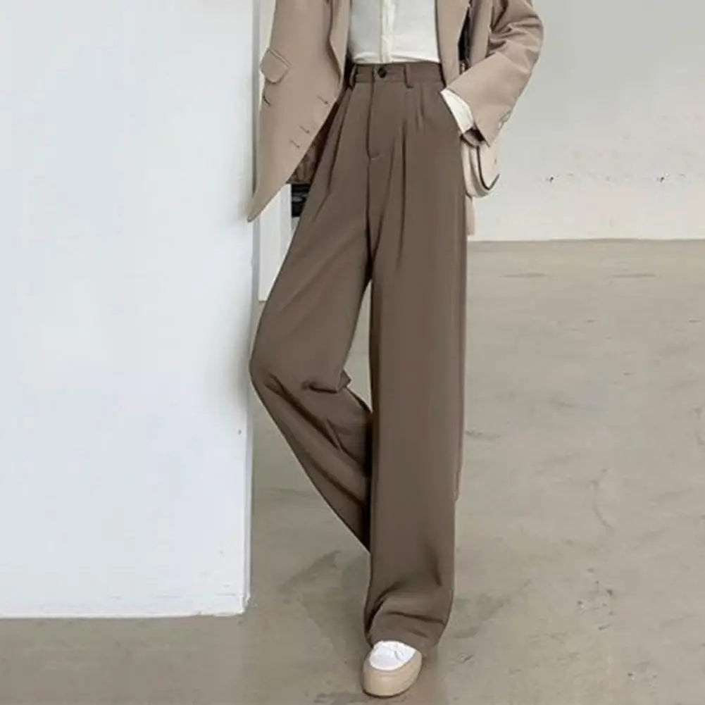 Women High Waist Straight Wide Leg Pants Solid Color Suit Pants Elastic Slant Pockets Loose Office Trousers