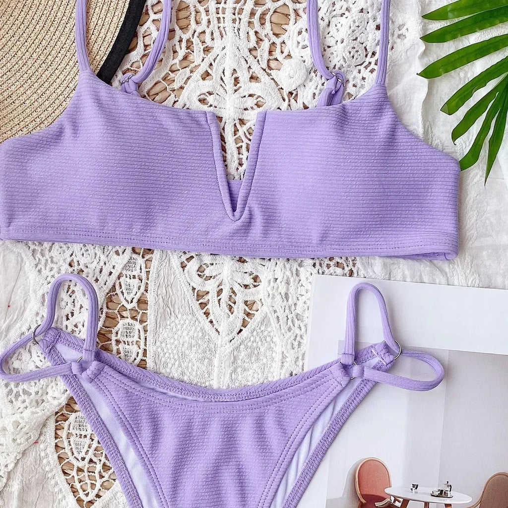 Sexy Bikini Women Small V-neck Pit Striped Double Straps Light Purple Swimwear Swimsuit Bikinis Set Bathing Suit Female Biquinis