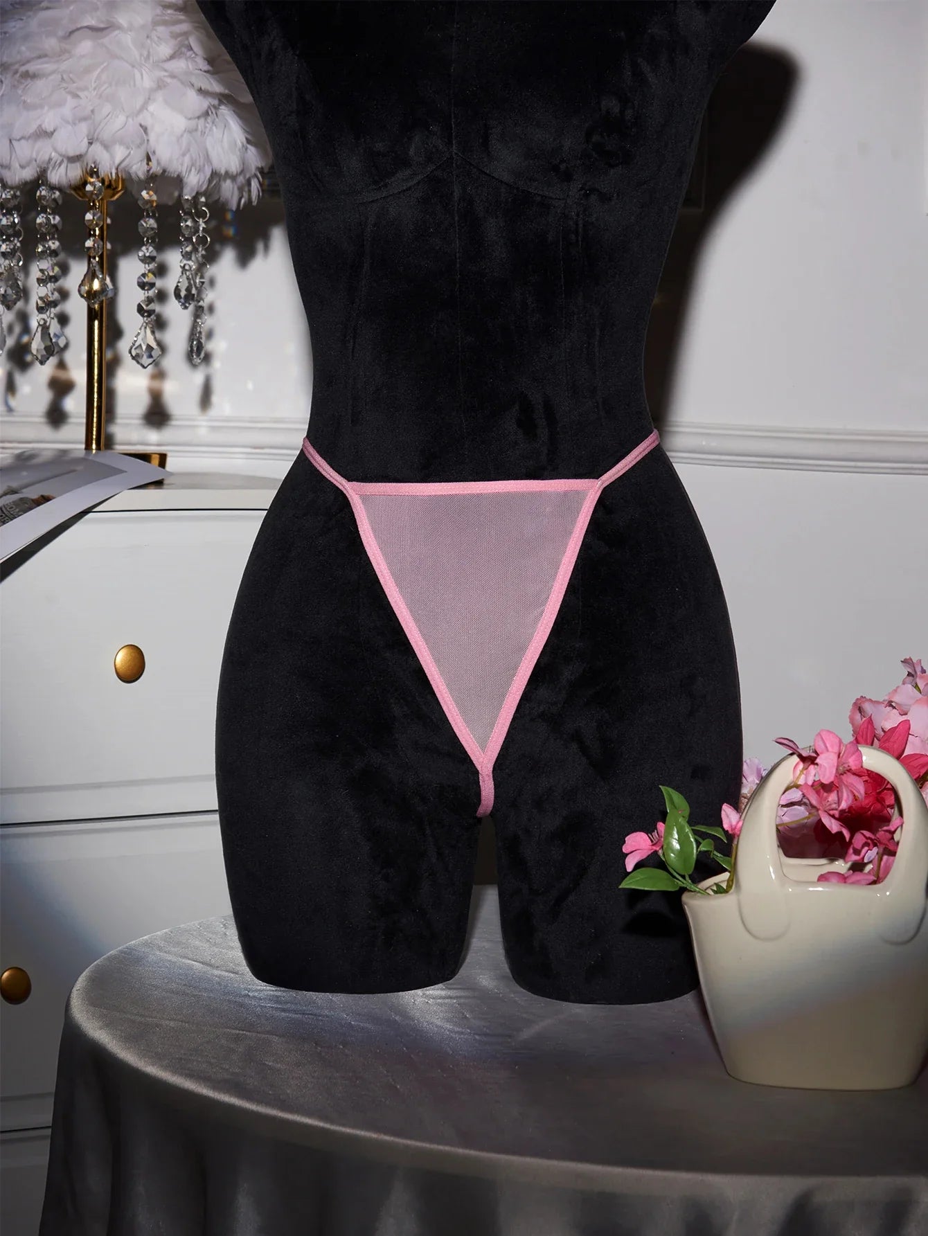 Pink Transparent Ultra Thin Hot Nightgown Women's Pajamas With Thongs Lace Mesh Dress For Sex V-Neck Backless Sexy Lingerie