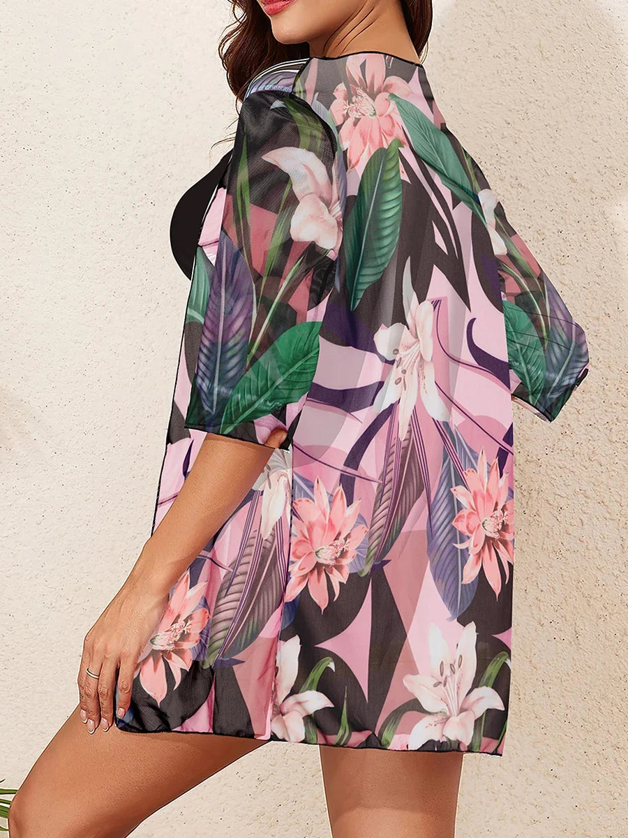 3 Pieces High Waist Bikinis 2026 Women Printed Swimwear Female Bandeau Swimsuit With Kimono Bathers Swimming Bathing Swim Suit