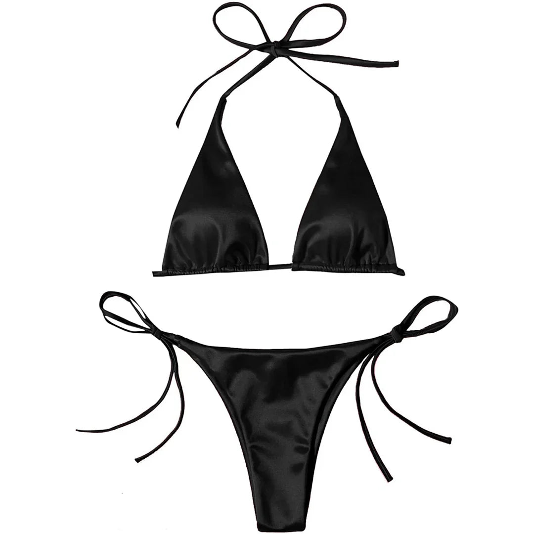 Sexy 13 Colors Halter Satin Brazilian Bikini Women Swimwear Female Swimsuit Two-pieces Bikini set Bather Bathing Suit Swim V4966