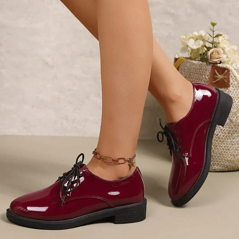 Pink Patent Leather Oxford Shoes Women Fashion Lace Up Pointed Toe Med Heel Pumps Woman Plus Size 43 Thick Heels Office Shoes