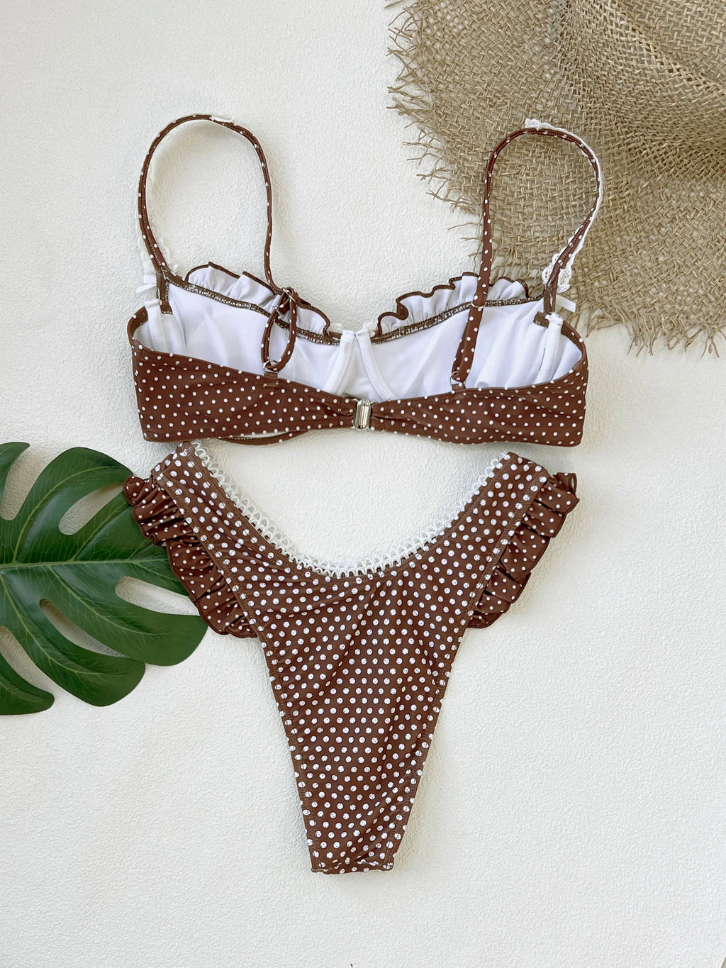 2025 Fashionable Women Two-Piece Swimsuit Adorable Chocolate Dot Design with Lace Detail Perfect for Beach Wear and Pool Parties