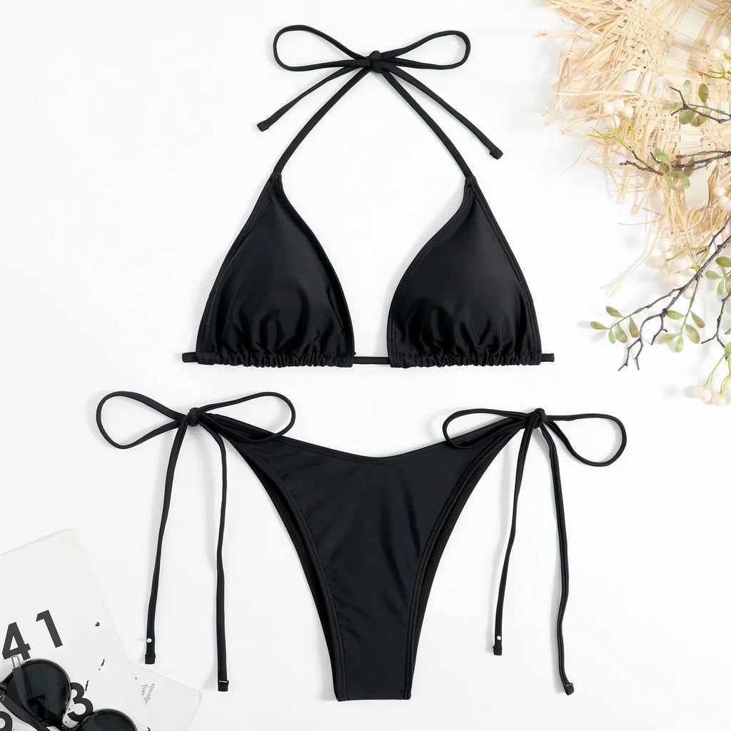 DEKA Triangle Bikini Set Womens Solid Sexy Lingerie Swimwear Tie Side Thongs Beachwear Fashion Swimsuit Bathing Suit