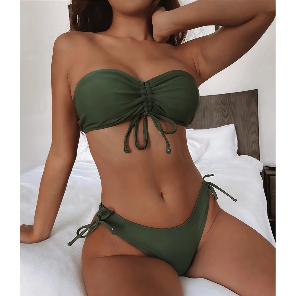 New Sexy Lace Up Scrunch Butt Bandeau Bikini Female Swimsuit Women Swimwear Two-pieces Bikini set Bather Bathing Suit Swim K3189
